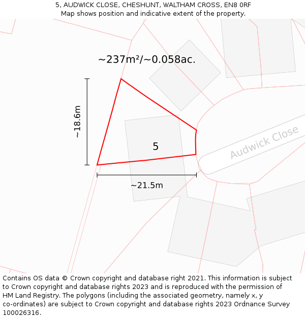 5, AUDWICK CLOSE, CHESHUNT, WALTHAM CROSS, EN8 0RF: Plot and title map