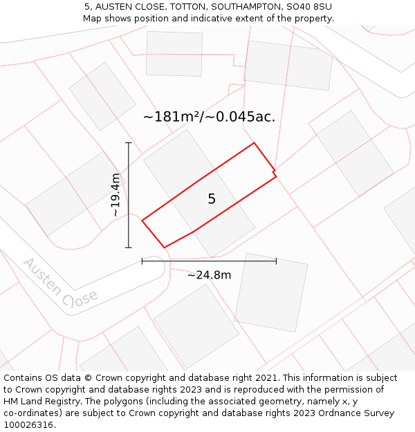 5, AUSTEN CLOSE, TOTTON, SOUTHAMPTON, SO40 8SU: Plot and title map
