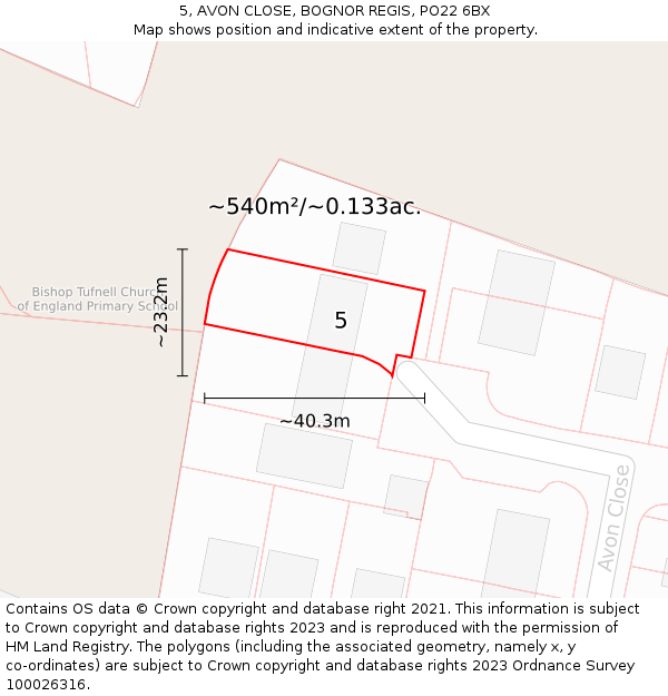 5, AVON CLOSE, BOGNOR REGIS, PO22 6BX: Plot and title map