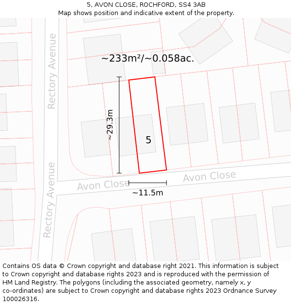 5, AVON CLOSE, ROCHFORD, SS4 3AB: Plot and title map