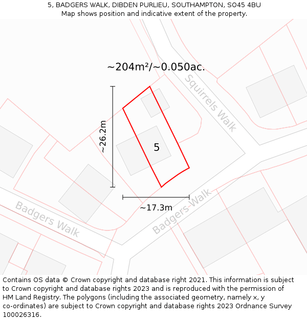 5, BADGERS WALK, DIBDEN PURLIEU, SOUTHAMPTON, SO45 4BU: Plot and title map
