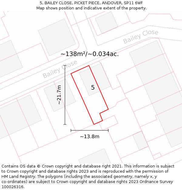 5, BAILEY CLOSE, PICKET PIECE, ANDOVER, SP11 6WF: Plot and title map