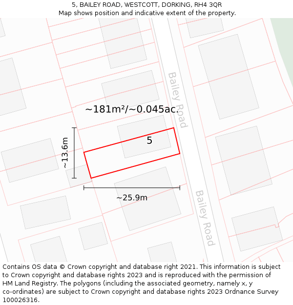 5, BAILEY ROAD, WESTCOTT, DORKING, RH4 3QR: Plot and title map