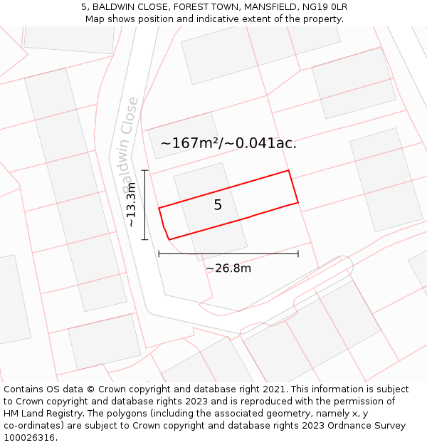 5, BALDWIN CLOSE, FOREST TOWN, MANSFIELD, NG19 0LR: Plot and title map