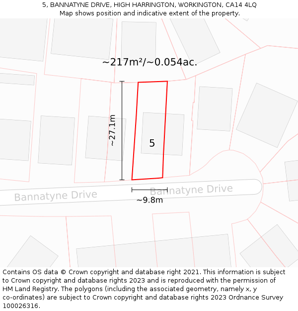 5, BANNATYNE DRIVE, HIGH HARRINGTON, WORKINGTON, CA14 4LQ: Plot and title map