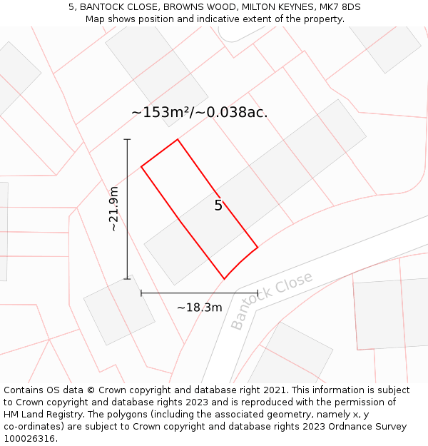 5, BANTOCK CLOSE, BROWNS WOOD, MILTON KEYNES, MK7 8DS: Plot and title map