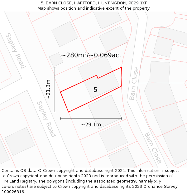 5, BARN CLOSE, HARTFORD, HUNTINGDON, PE29 1XF: Plot and title map