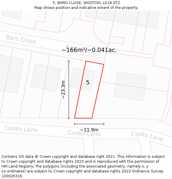 5, BARN CLOSE, WIGSTON, LE18 3TZ: Plot and title map