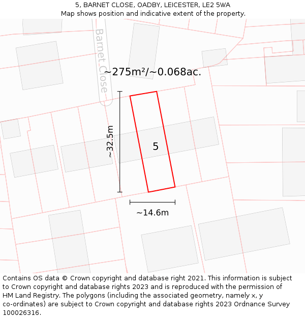 5, BARNET CLOSE, OADBY, LEICESTER, LE2 5WA: Plot and title map
