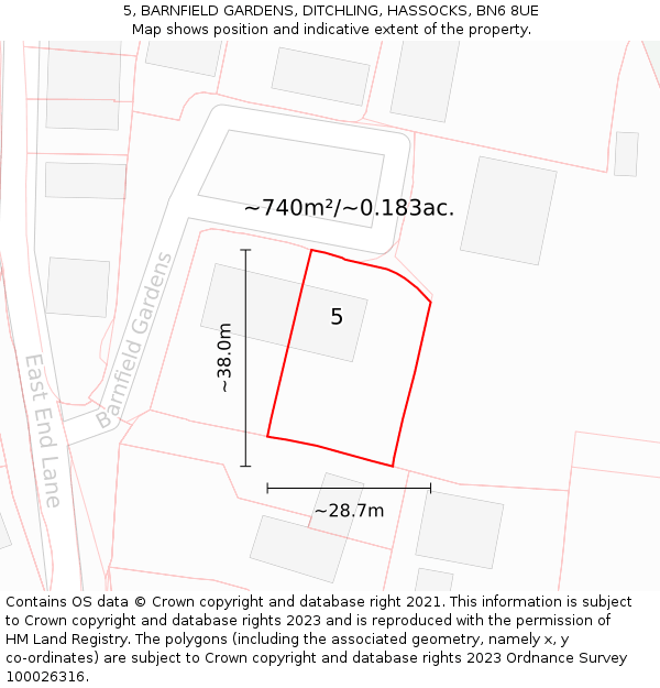 5, BARNFIELD GARDENS, DITCHLING, HASSOCKS, BN6 8UE: Plot and title map