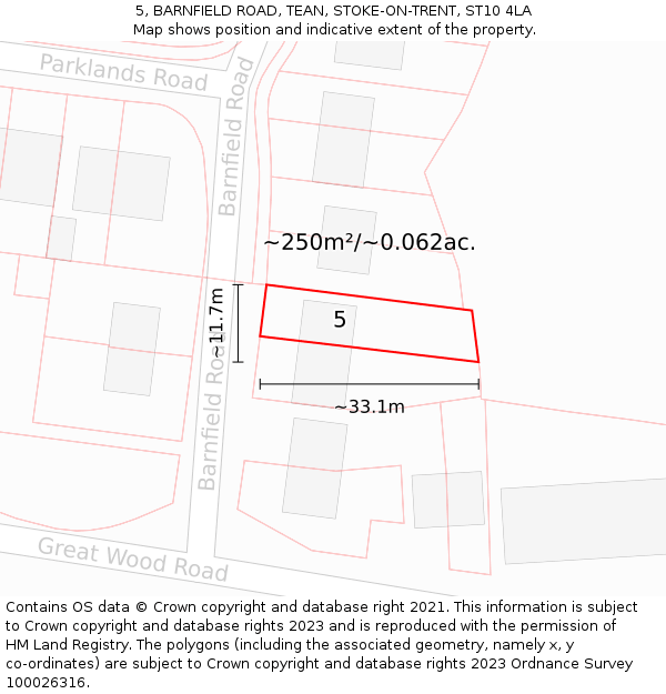 5, BARNFIELD ROAD, TEAN, STOKE-ON-TRENT, ST10 4LA: Plot and title map