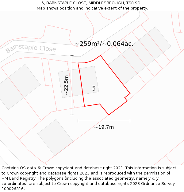 5, BARNSTAPLE CLOSE, MIDDLESBROUGH, TS8 9DH: Plot and title map