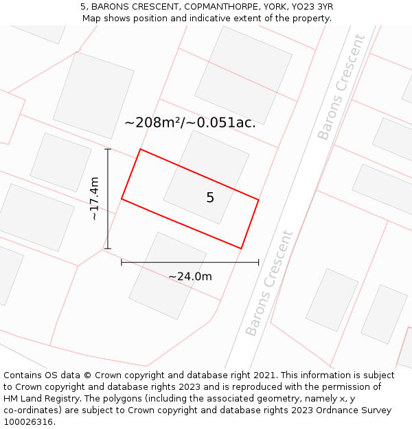 5, BARONS CRESCENT, COPMANTHORPE, YORK, YO23 3YR: Plot and title map