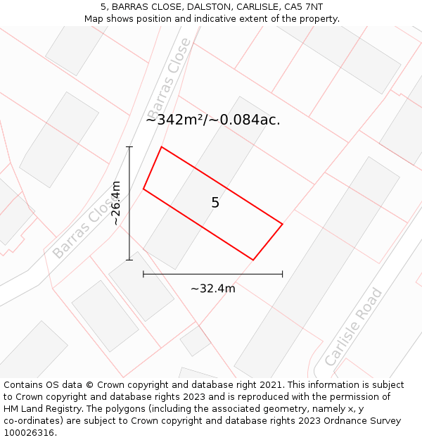 5, BARRAS CLOSE, DALSTON, CARLISLE, CA5 7NT: Plot and title map