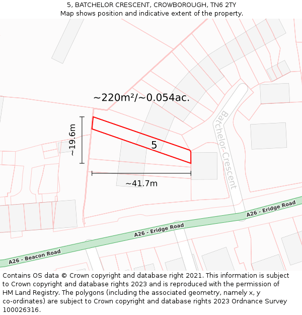 5, BATCHELOR CRESCENT, CROWBOROUGH, TN6 2TY: Plot and title map