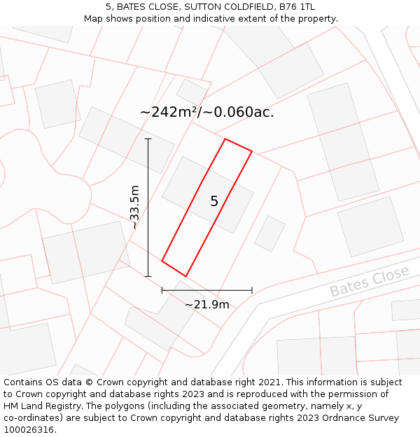 5, BATES CLOSE, SUTTON COLDFIELD, B76 1TL: Plot and title map