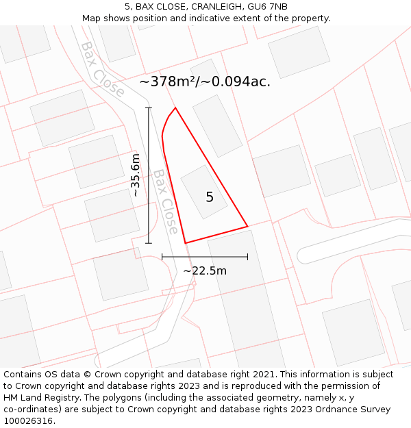 5, BAX CLOSE, CRANLEIGH, GU6 7NB: Plot and title map