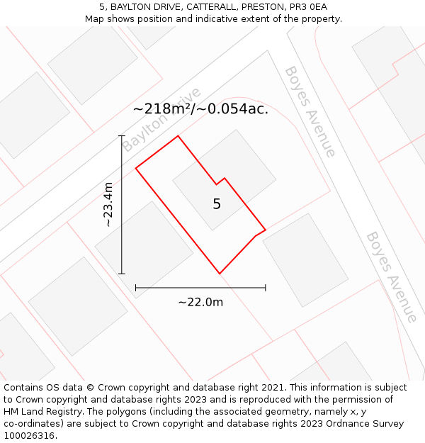 5, BAYLTON DRIVE, CATTERALL, PRESTON, PR3 0EA: Plot and title map