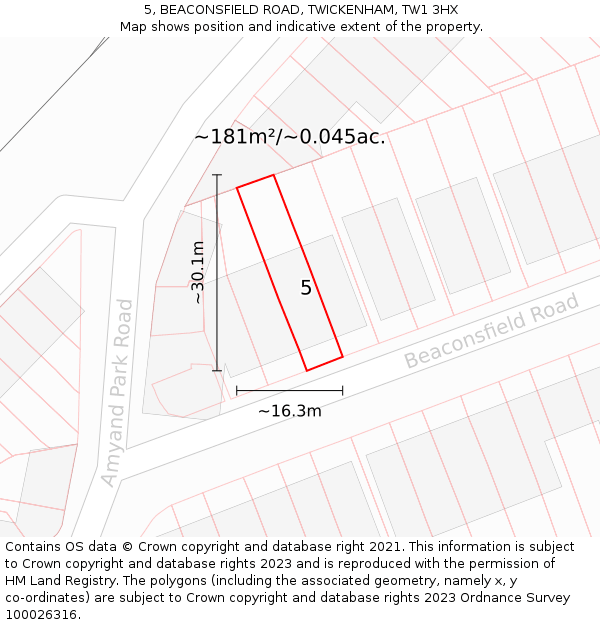 5, BEACONSFIELD ROAD, TWICKENHAM, TW1 3HX: Plot and title map
