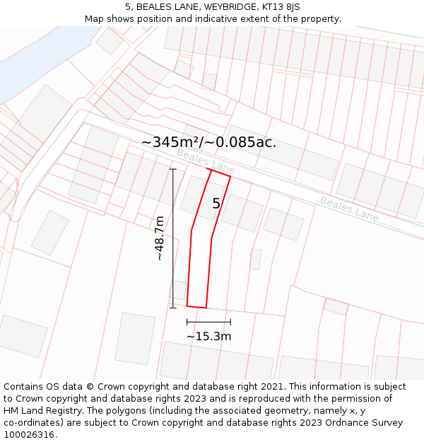 5, BEALES LANE, WEYBRIDGE, KT13 8JS: Plot and title map