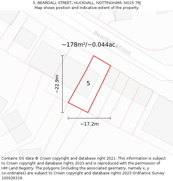 5, BEARDALL STREET, HUCKNALL, NOTTINGHAM, NG15 7RJ: Plot and title map