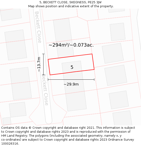 5, BECKETT CLOSE, SKEGNESS, PE25 3JW: Plot and title map