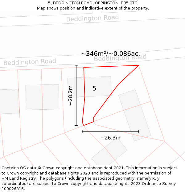 5, BEDDINGTON ROAD, ORPINGTON, BR5 2TG: Plot and title map