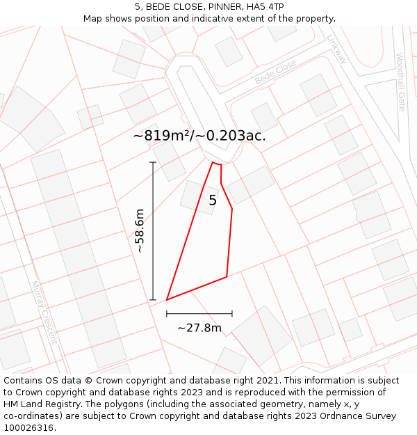 5, BEDE CLOSE, PINNER, HA5 4TP: Plot and title map