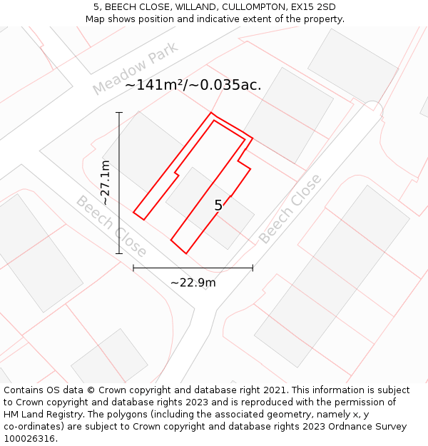 5, BEECH CLOSE, WILLAND, CULLOMPTON, EX15 2SD: Plot and title map