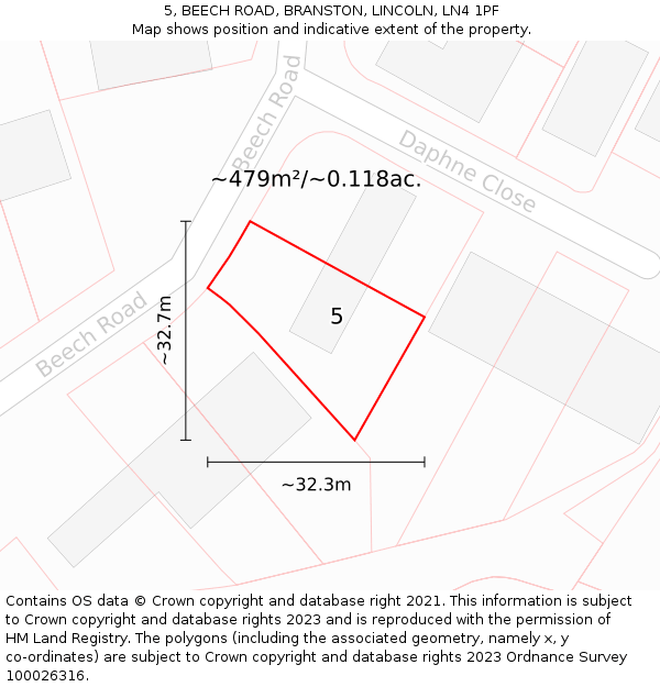 5, BEECH ROAD, BRANSTON, LINCOLN, LN4 1PF: Plot and title map