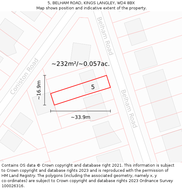 5, BELHAM ROAD, KINGS LANGLEY, WD4 8BX: Plot and title map