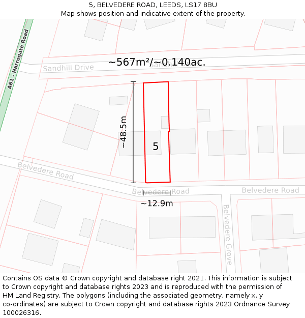 5, BELVEDERE ROAD, LEEDS, LS17 8BU: Plot and title map