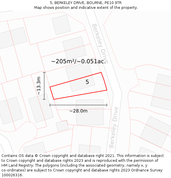 5, BERKELEY DRIVE, BOURNE, PE10 9TR: Plot and title map