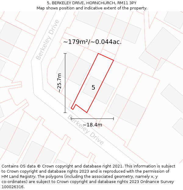 5, BERKELEY DRIVE, HORNCHURCH, RM11 3PY: Plot and title map