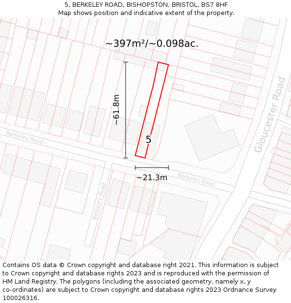 5, BERKELEY ROAD, BISHOPSTON, BRISTOL, BS7 8HF: Plot and title map