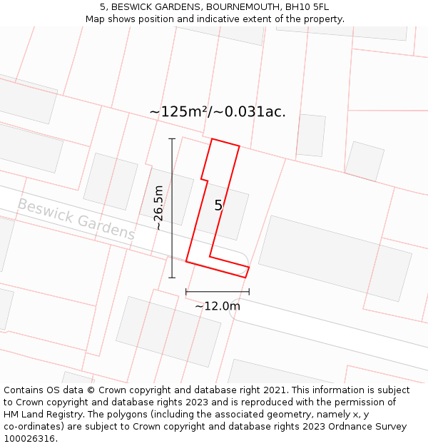 5, BESWICK GARDENS, BOURNEMOUTH, BH10 5FL: Plot and title map