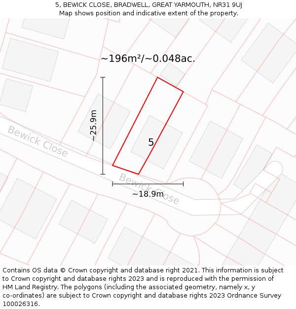5, BEWICK CLOSE, BRADWELL, GREAT YARMOUTH, NR31 9UJ: Plot and title map