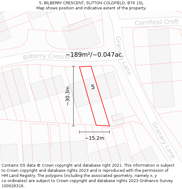 5, BILBERRY CRESCENT, SUTTON COLDFIELD, B76 1SL: Plot and title map