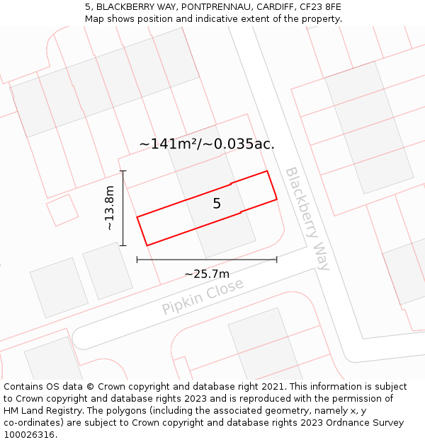 5, BLACKBERRY WAY, PONTPRENNAU, CARDIFF, CF23 8FE: Plot and title map