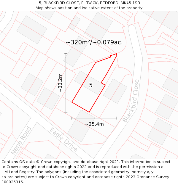 5, BLACKBIRD CLOSE, FLITWICK, BEDFORD, MK45 1SB: Plot and title map