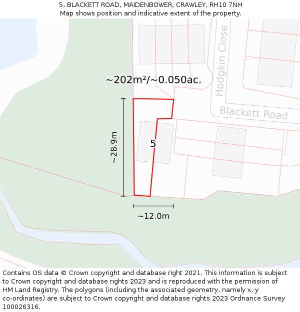 5, BLACKETT ROAD, MAIDENBOWER, CRAWLEY, RH10 7NH: Plot and title map