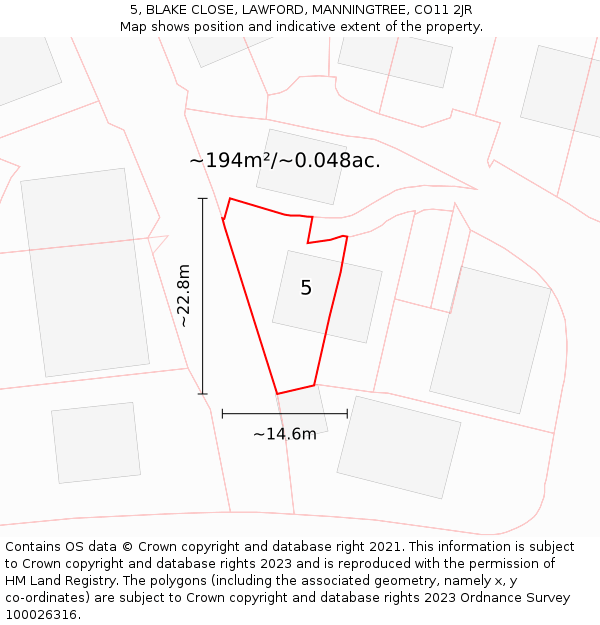 5, BLAKE CLOSE, LAWFORD, MANNINGTREE, CO11 2JR: Plot and title map