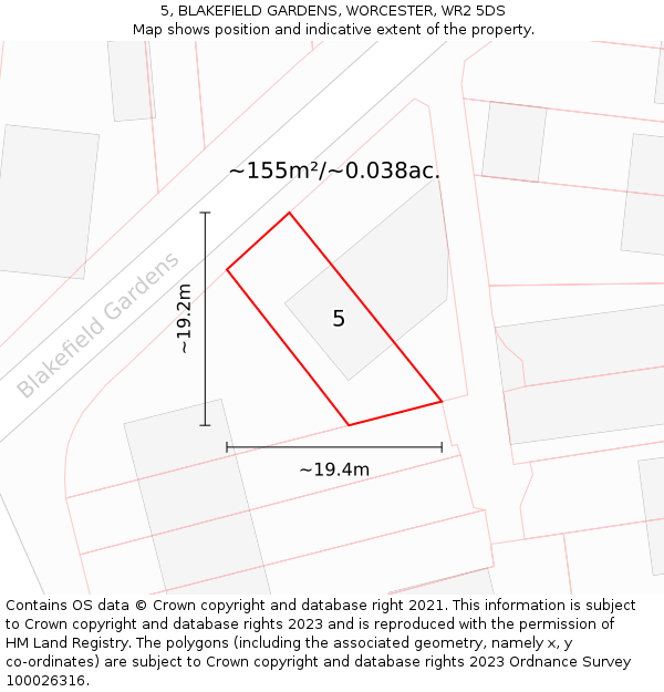 5, BLAKEFIELD GARDENS, WORCESTER, WR2 5DS: Plot and title map