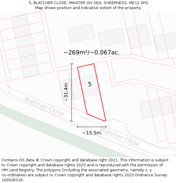 5, BLATCHER CLOSE, MINSTER ON SEA, SHEERNESS, ME12 3PG: Plot and title map