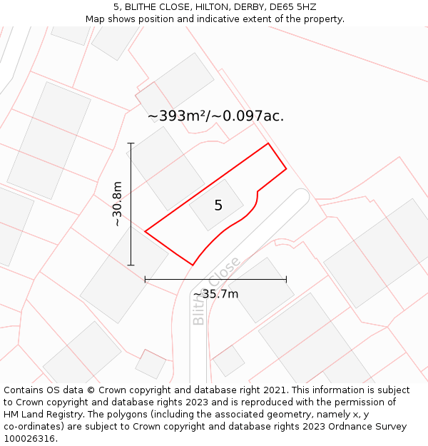 5, BLITHE CLOSE, HILTON, DERBY, DE65 5HZ: Plot and title map