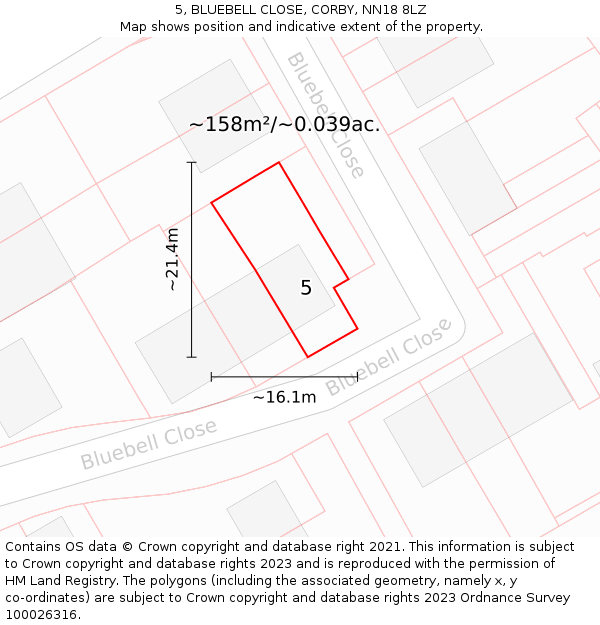 5, BLUEBELL CLOSE, CORBY, NN18 8LZ: Plot and title map