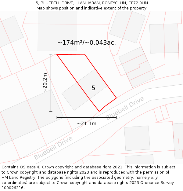 5, BLUEBELL DRIVE, LLANHARAN, PONTYCLUN, CF72 9UN: Plot and title map