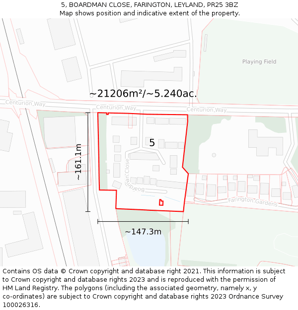 5, BOARDMAN CLOSE, FARINGTON, LEYLAND, PR25 3BZ: Plot and title map