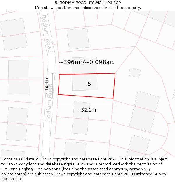 5, BODIAM ROAD, IPSWICH, IP3 8QP: Plot and title map