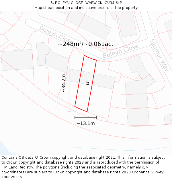 5, BOLEYN CLOSE, WARWICK, CV34 6LP: Plot and title map